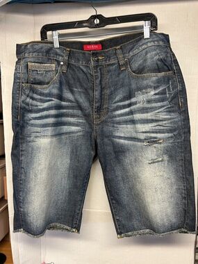 GUESS Men's Faded Dark Blue Distressed Denim Shorts Size 36